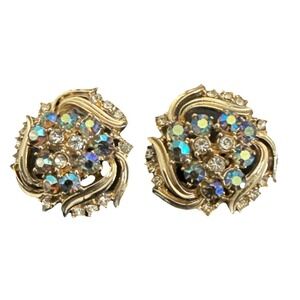 STUNNING!! Vintage 60's Gold-Tone Rhinestones Renaissance Clip On Earrings